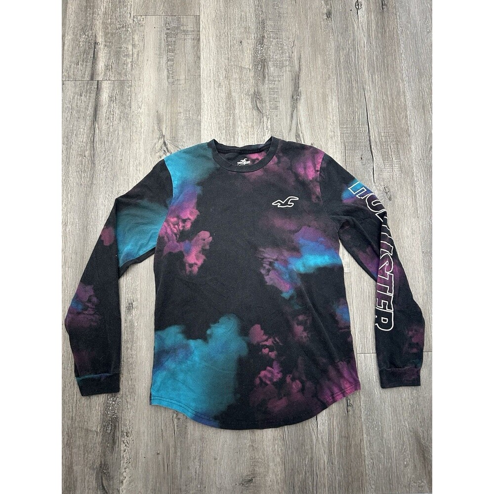 Hollister Shirt Medium Black Purple Tie Dye Logo Long Sleeve Preppy Surf